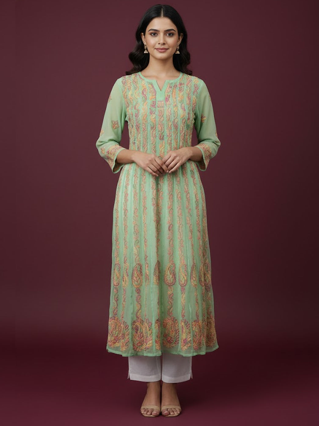 Green Georgette Chikankari Anarkali Kurti