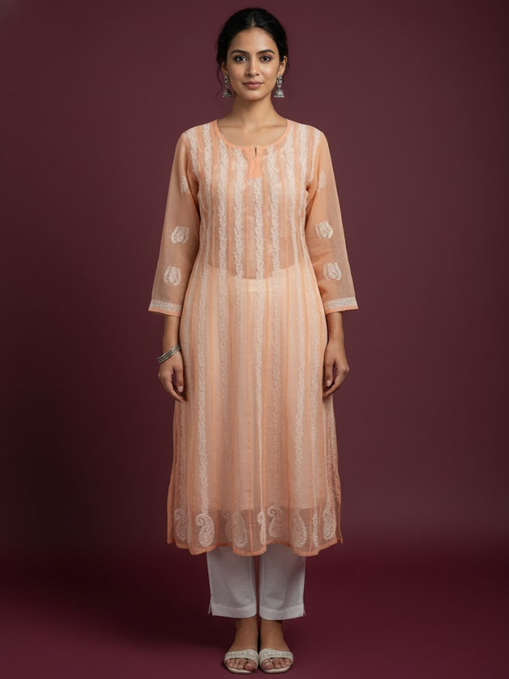 Peach Georgette Chikankari Anarkali Kurti