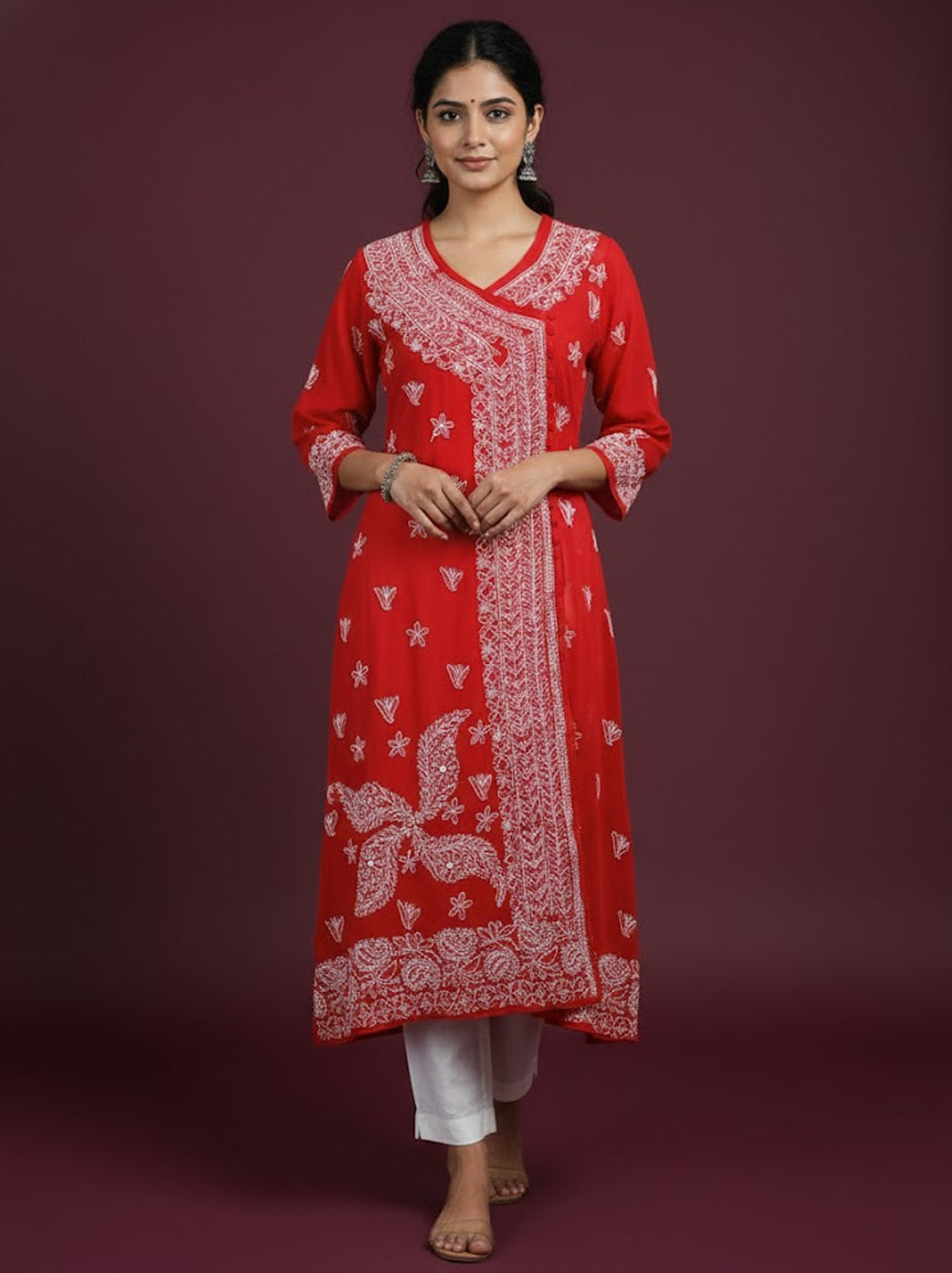 Red Georgette Chikankari Angrakha Kurti