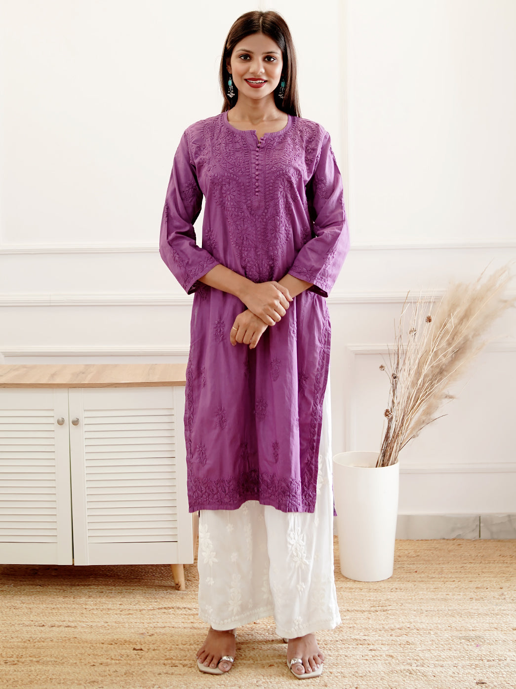 Purple Cotton Chikankari Straight Kurti