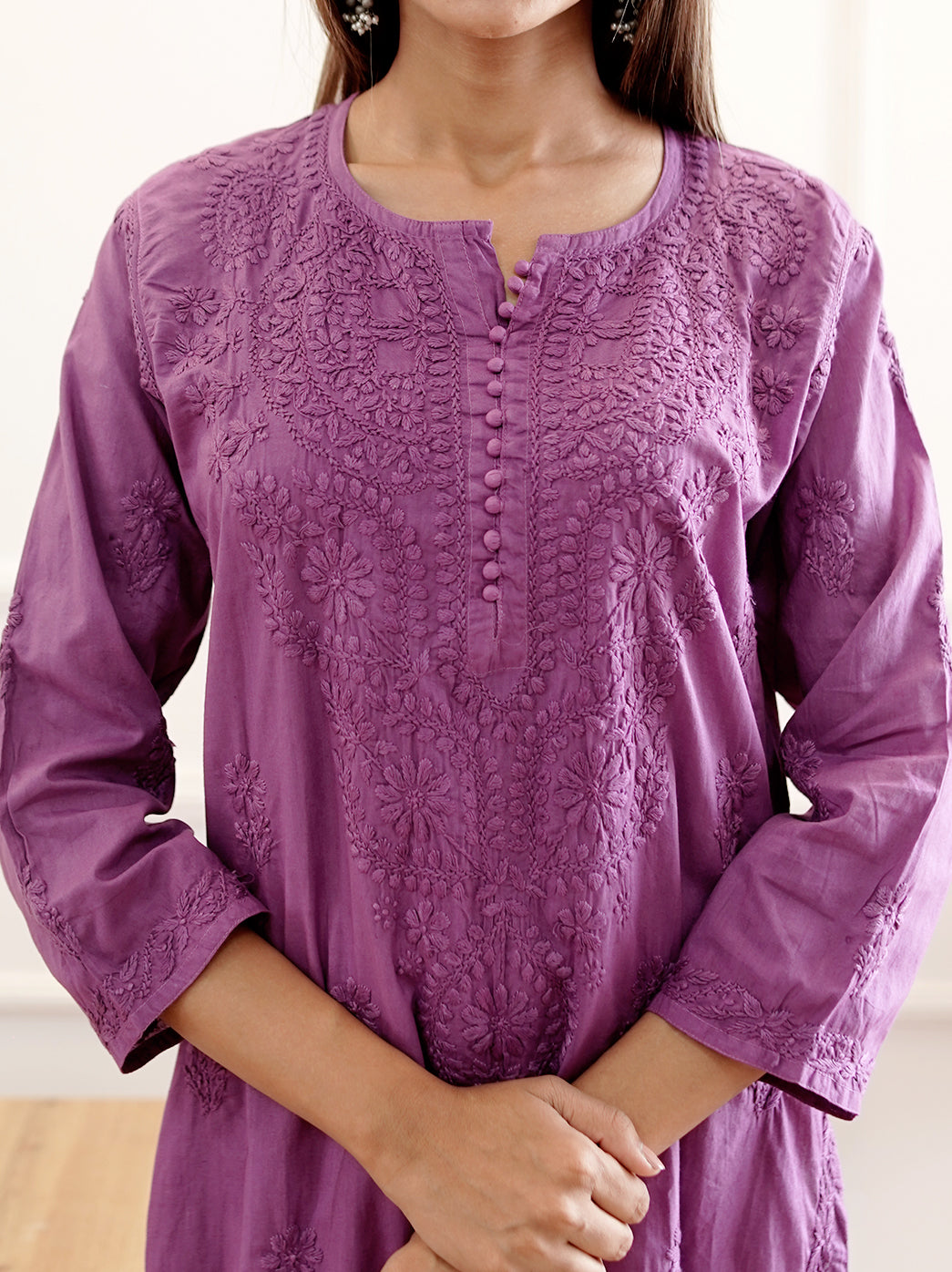 Purple Cotton Chikankari Straight Kurti