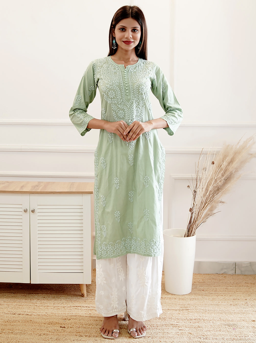 Green Cotton Chikankari Straight Kurti
