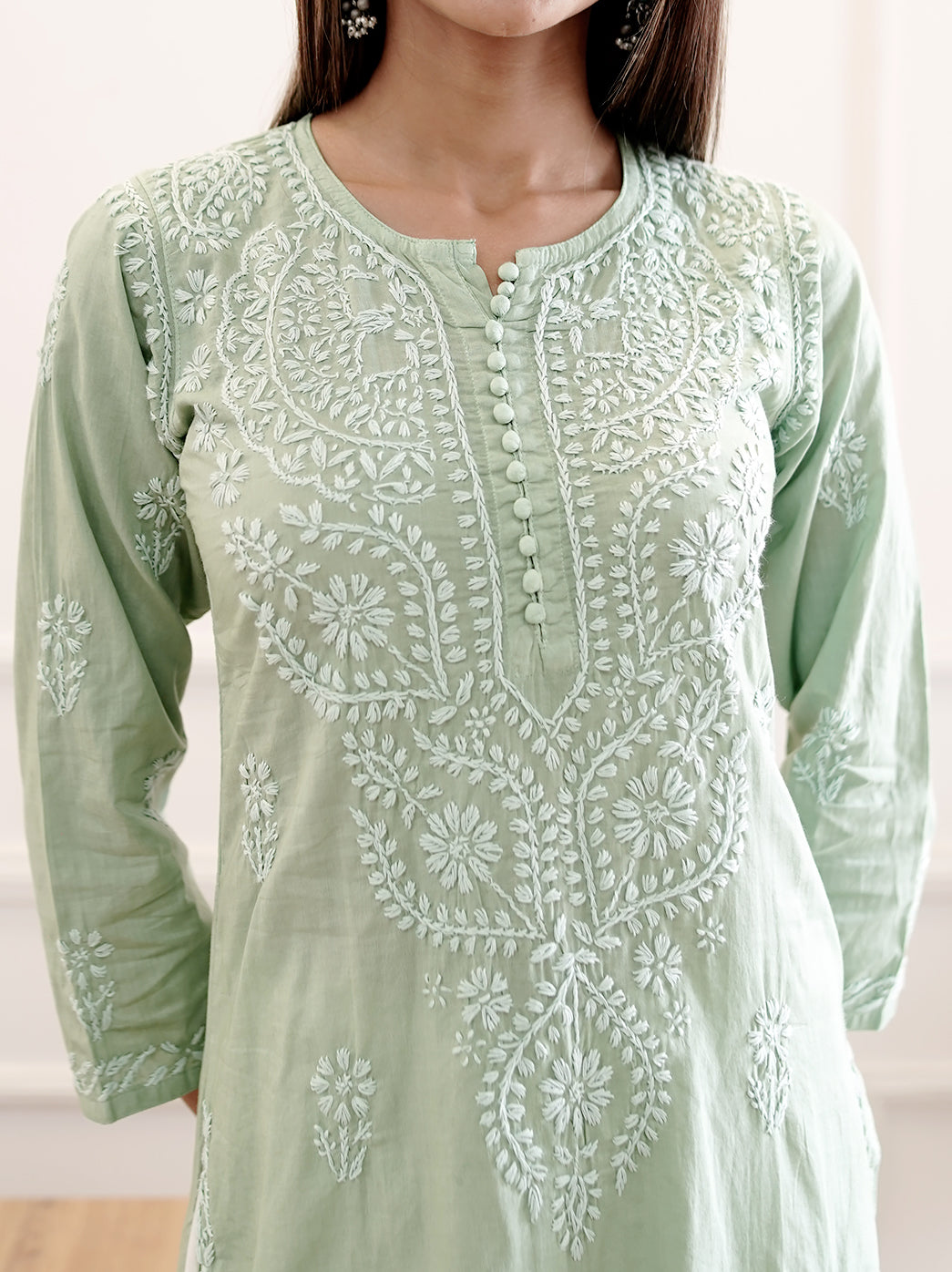 Green Cotton Chikankari Straight Kurti