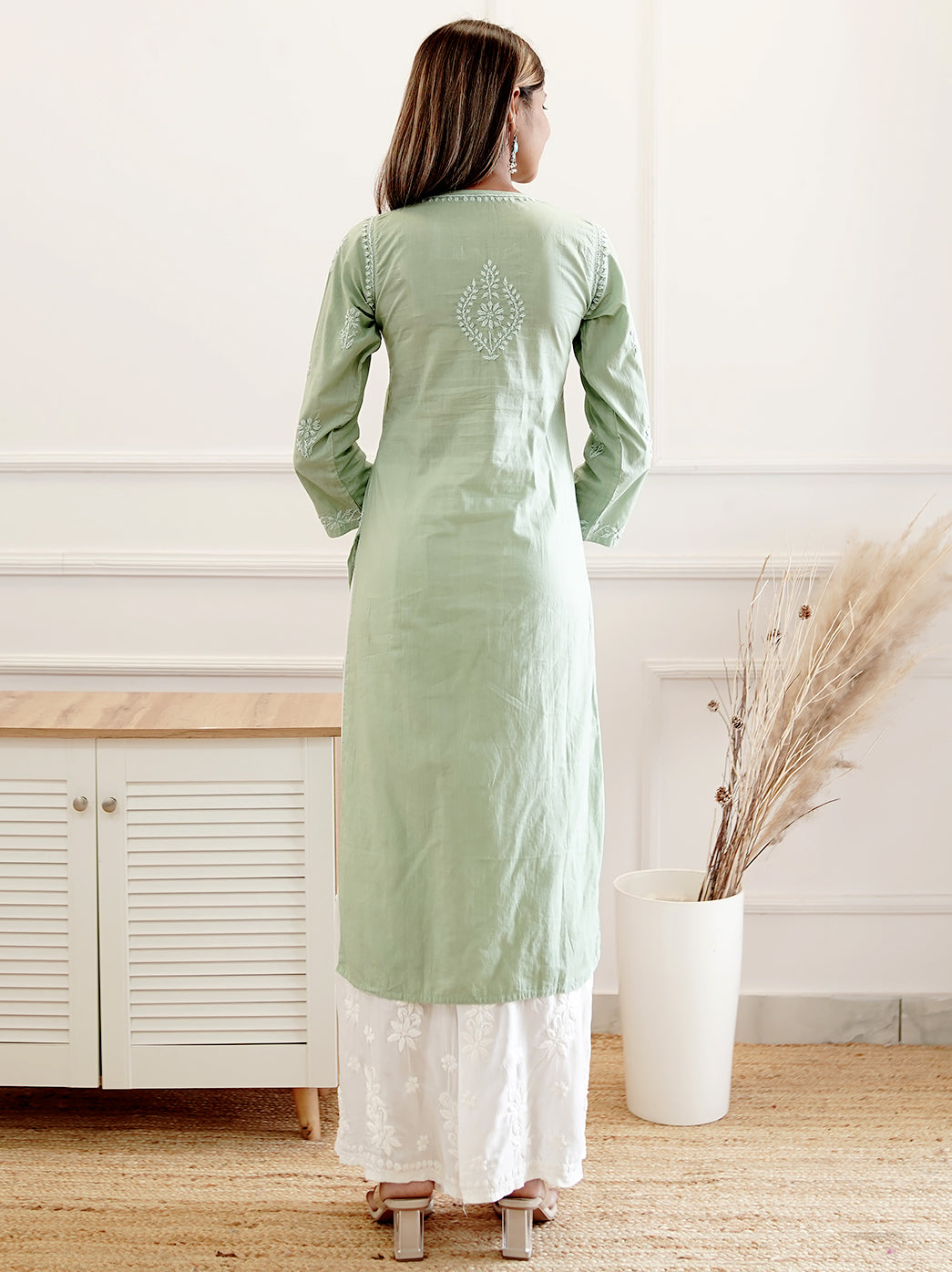 Green Cotton Chikankari Straight Kurti