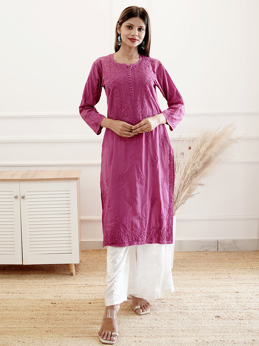 Purple Cotton Chikankari Straight Kurti