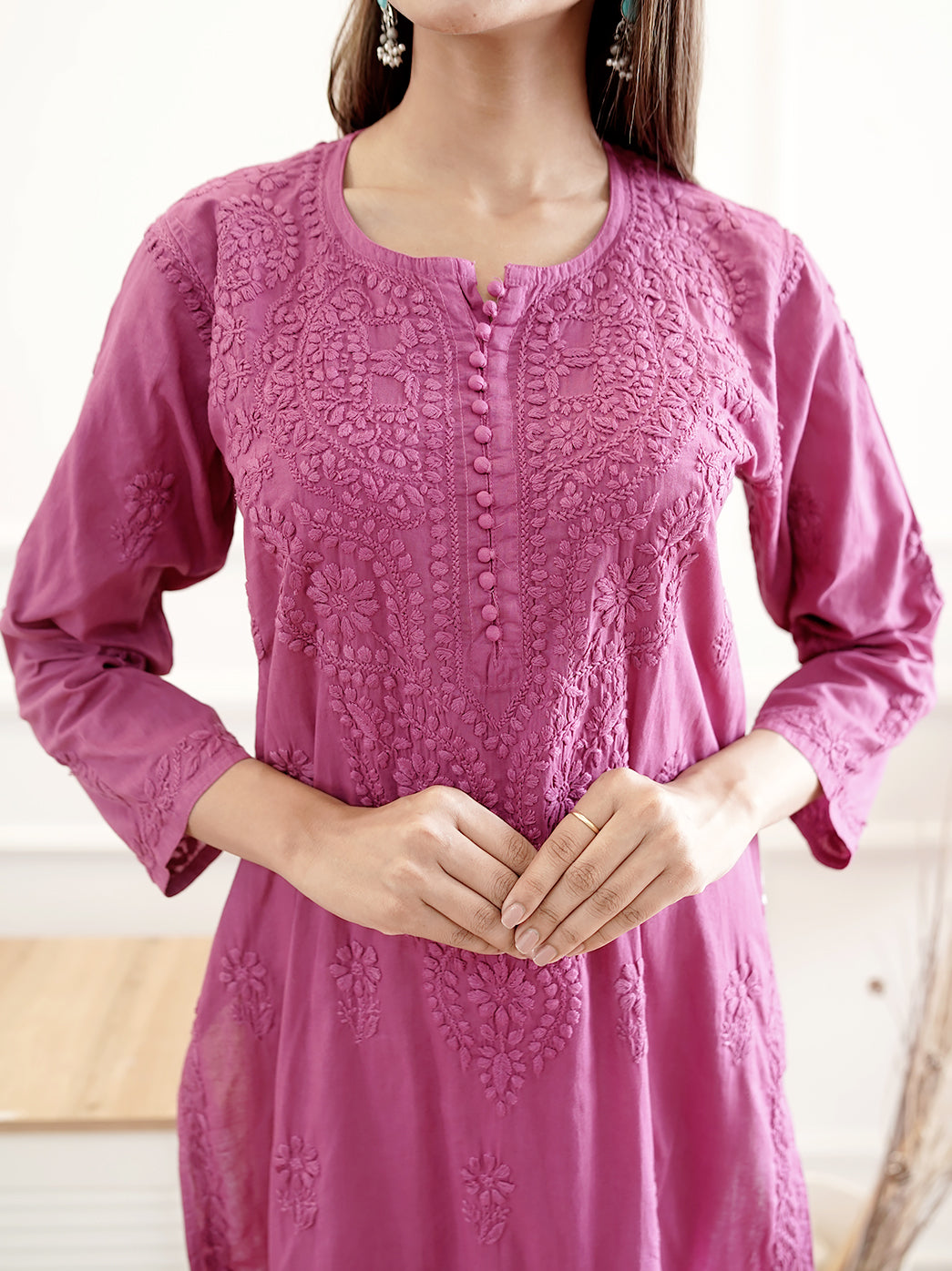Purple Cotton Chikankari Straight Kurti