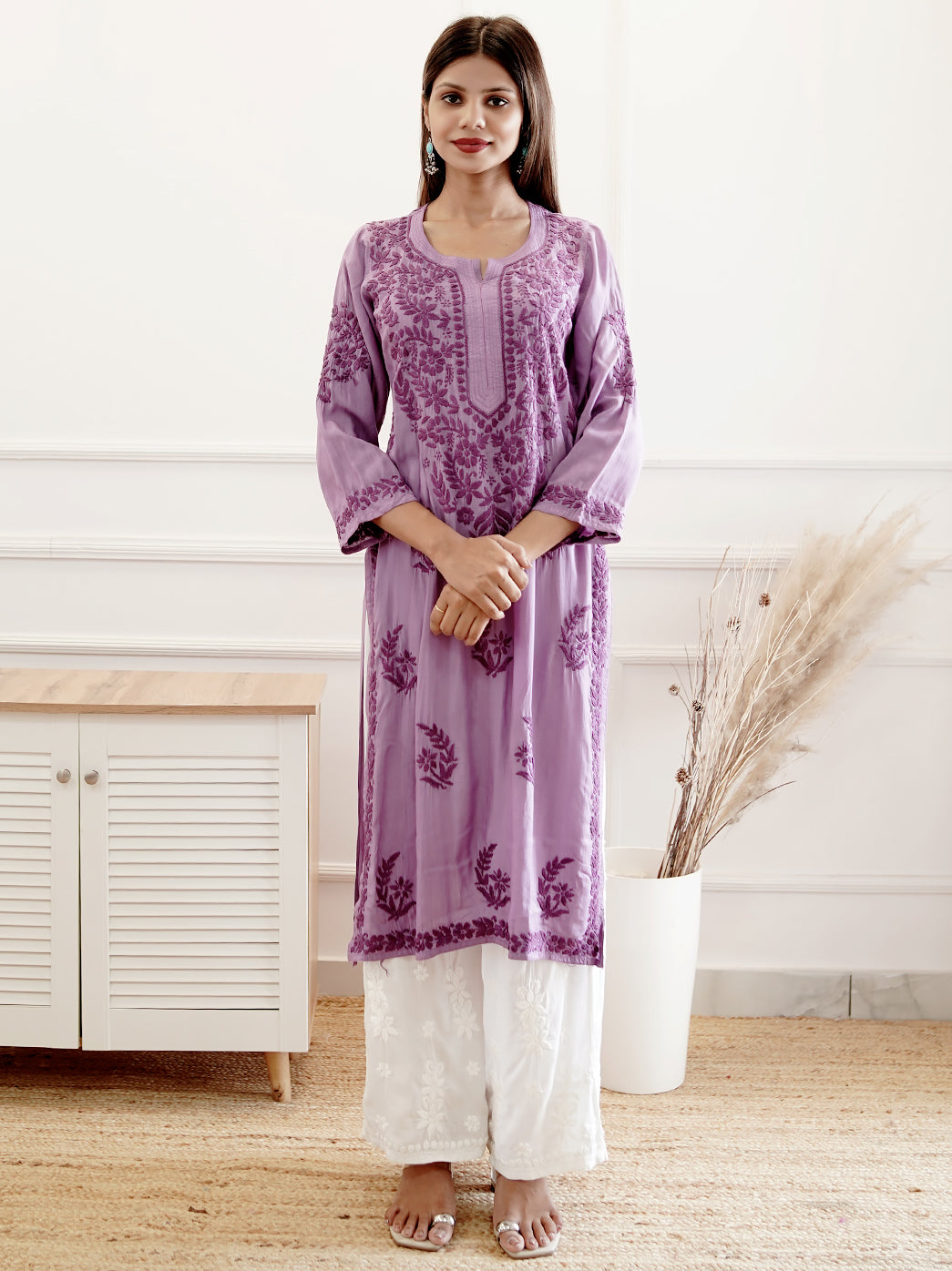 Purple Modal Chikankari Straight Kurti