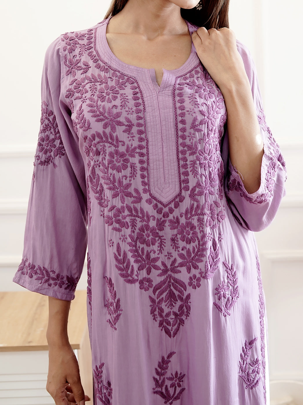 Purple Modal Chikankari Straight Kurti