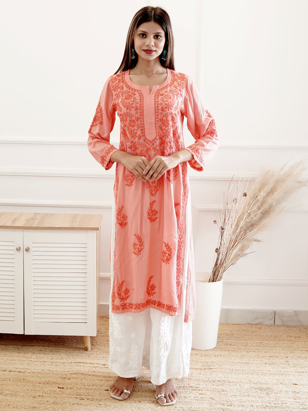 Orange Modal Chikankari Straight Kurti