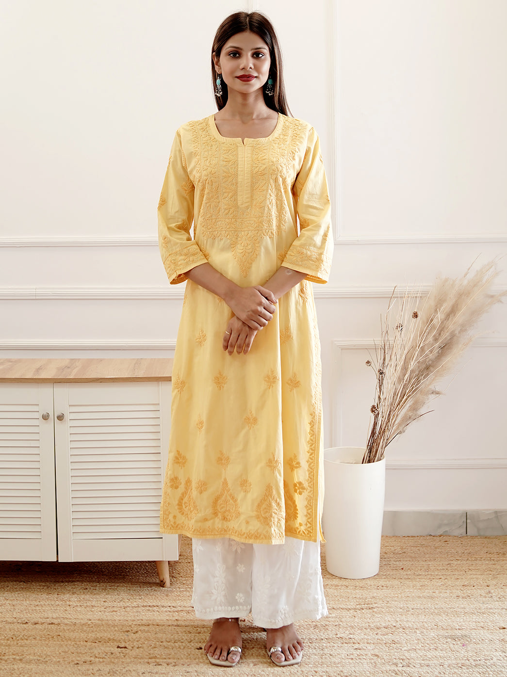 Yellow Cotton Chikankari Straight Kurti