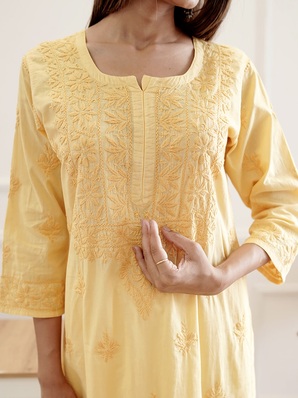 Yellow Cotton Chikankari Straight Kurti