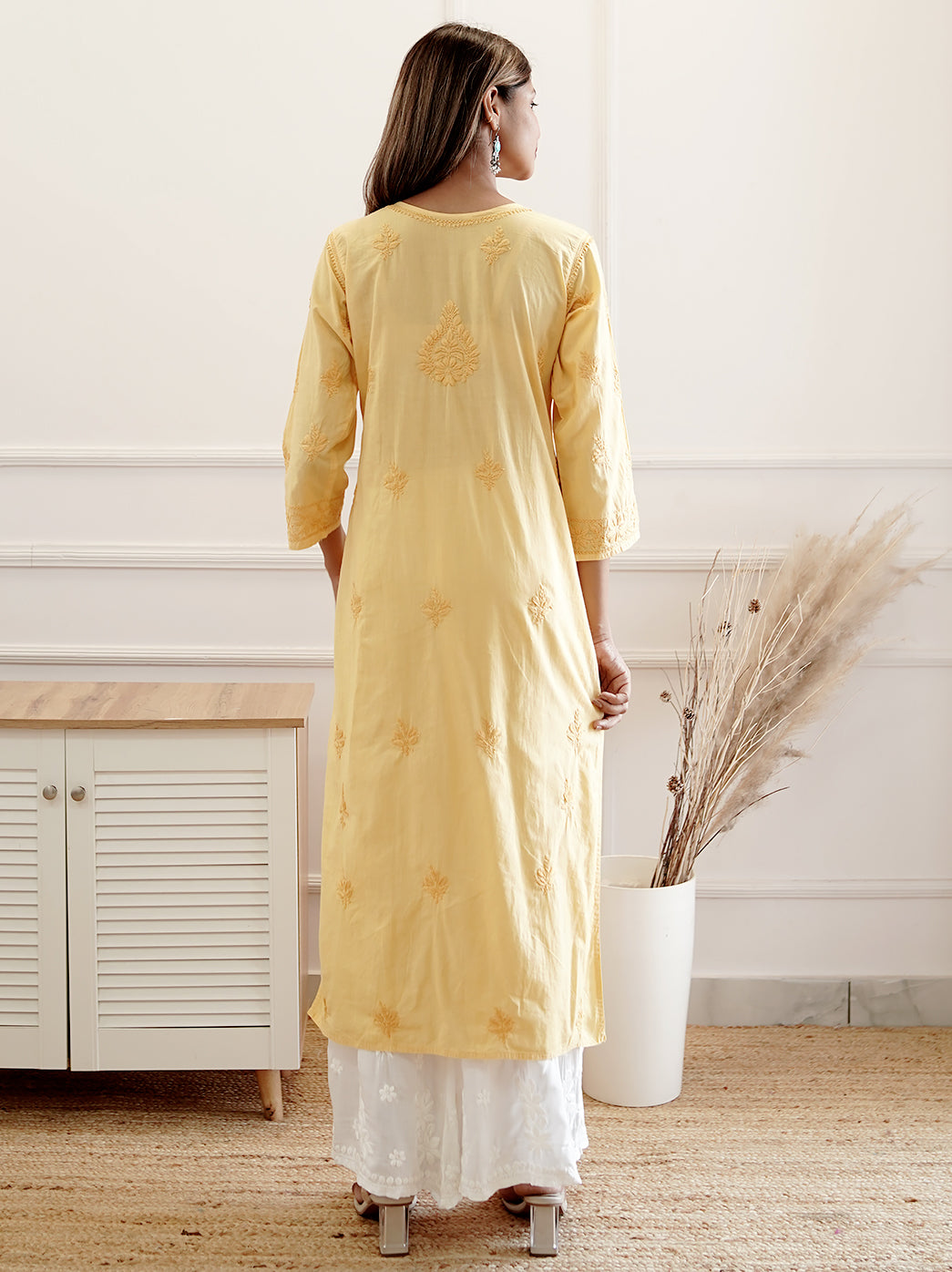 Yellow Cotton Chikankari Straight Kurti