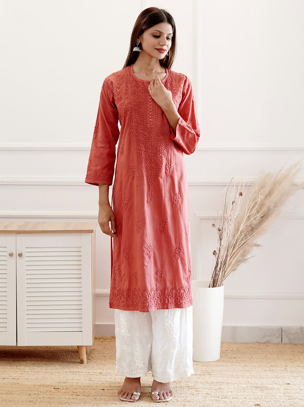 Coral Cotton Chikankari Straight Kurti