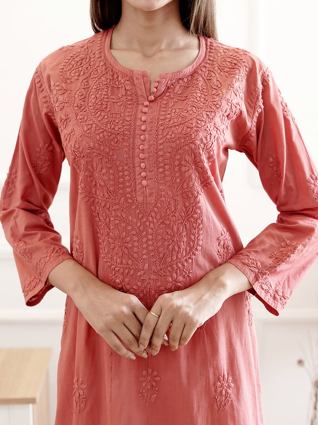 Coral Cotton Chikankari Straight Kurti