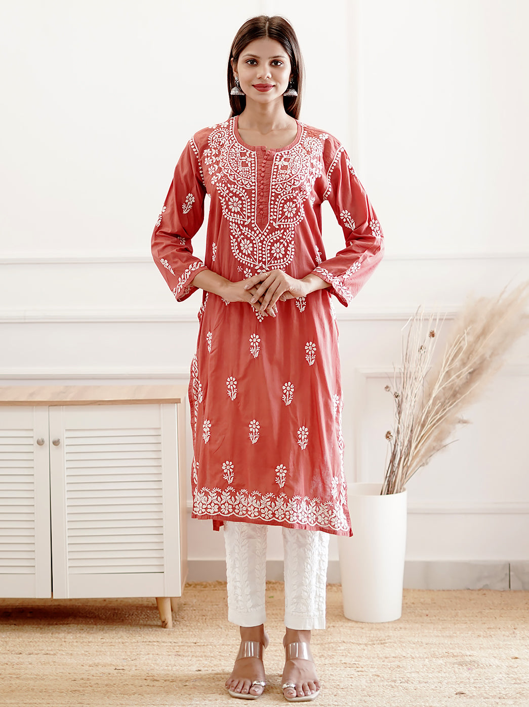 Coral Cotton Chikankari Straight Kurti
