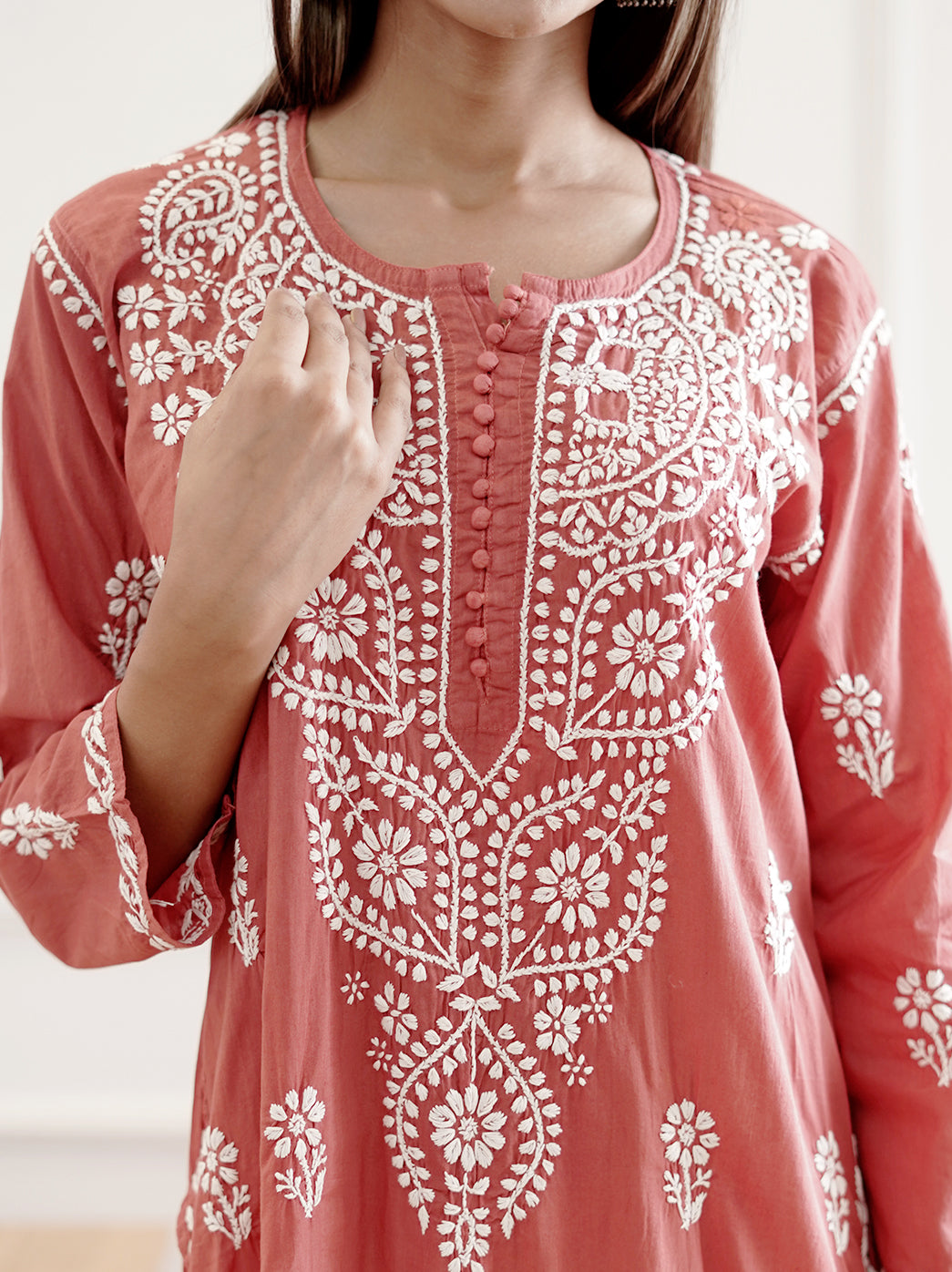 Coral Cotton Chikankari Straight Kurti