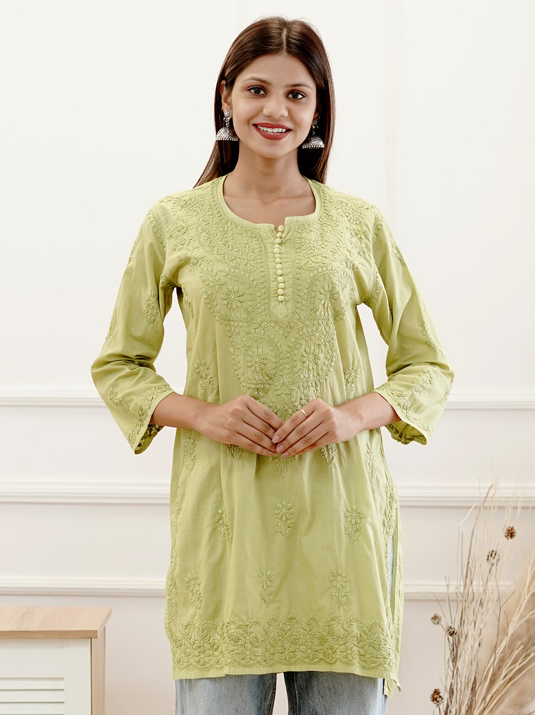 Green Cotton Chikankari Short Kurti