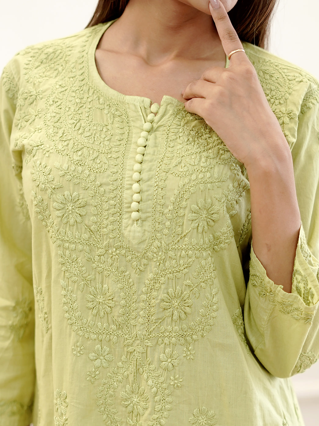Green Cotton Chikankari Short Kurti