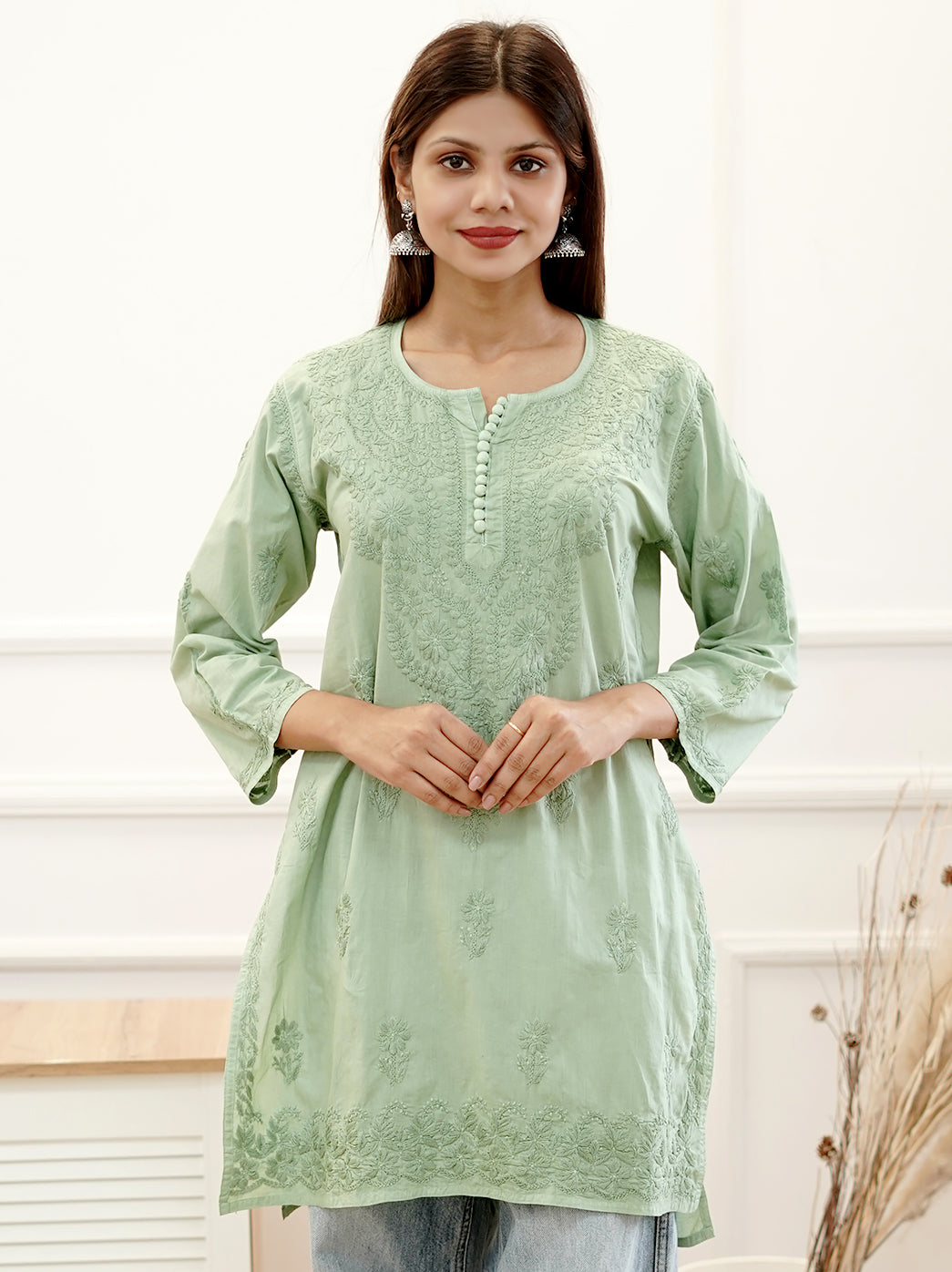 Green Cotton Chikankari Short Kurti