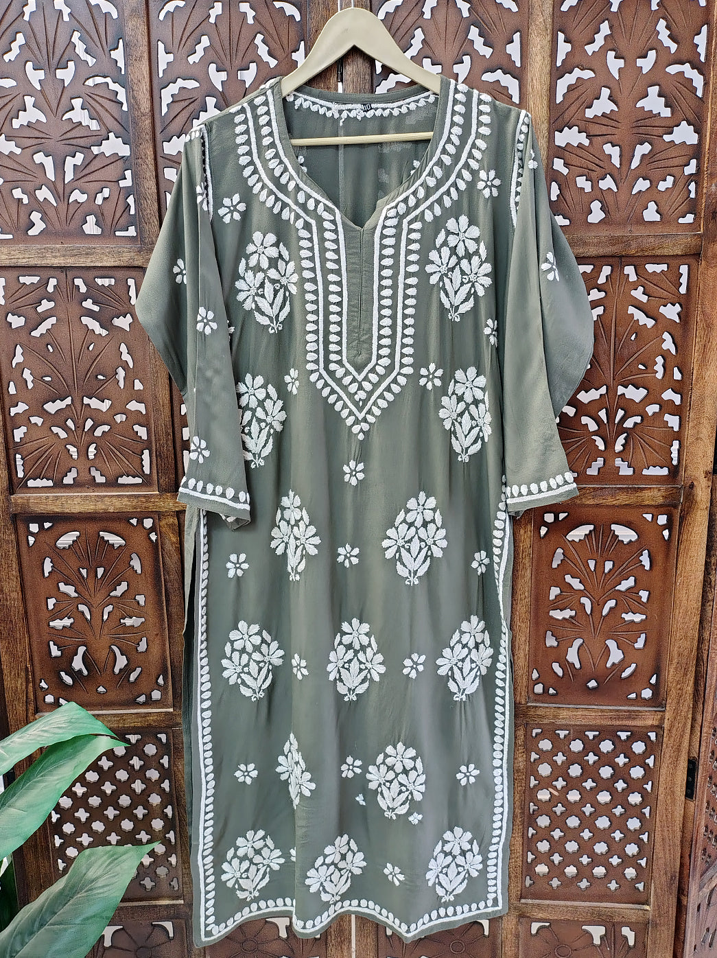 Grey Rayon Chikankari Straight Kurti