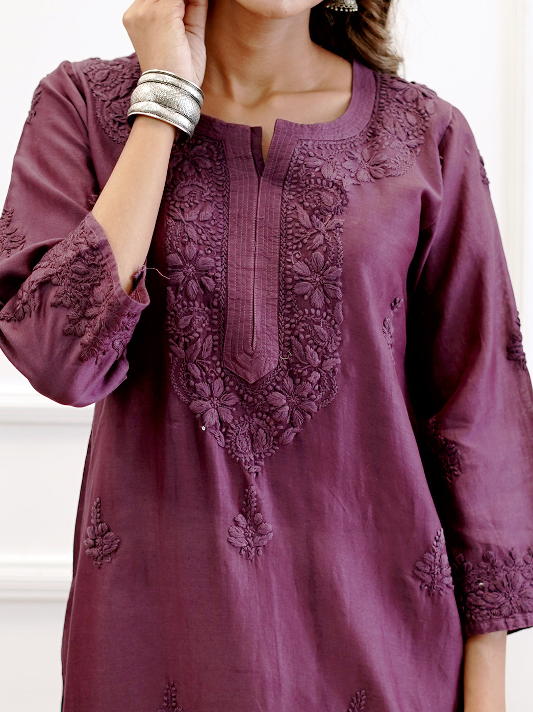 Purple Chanderi Chikankari Straight Kurti