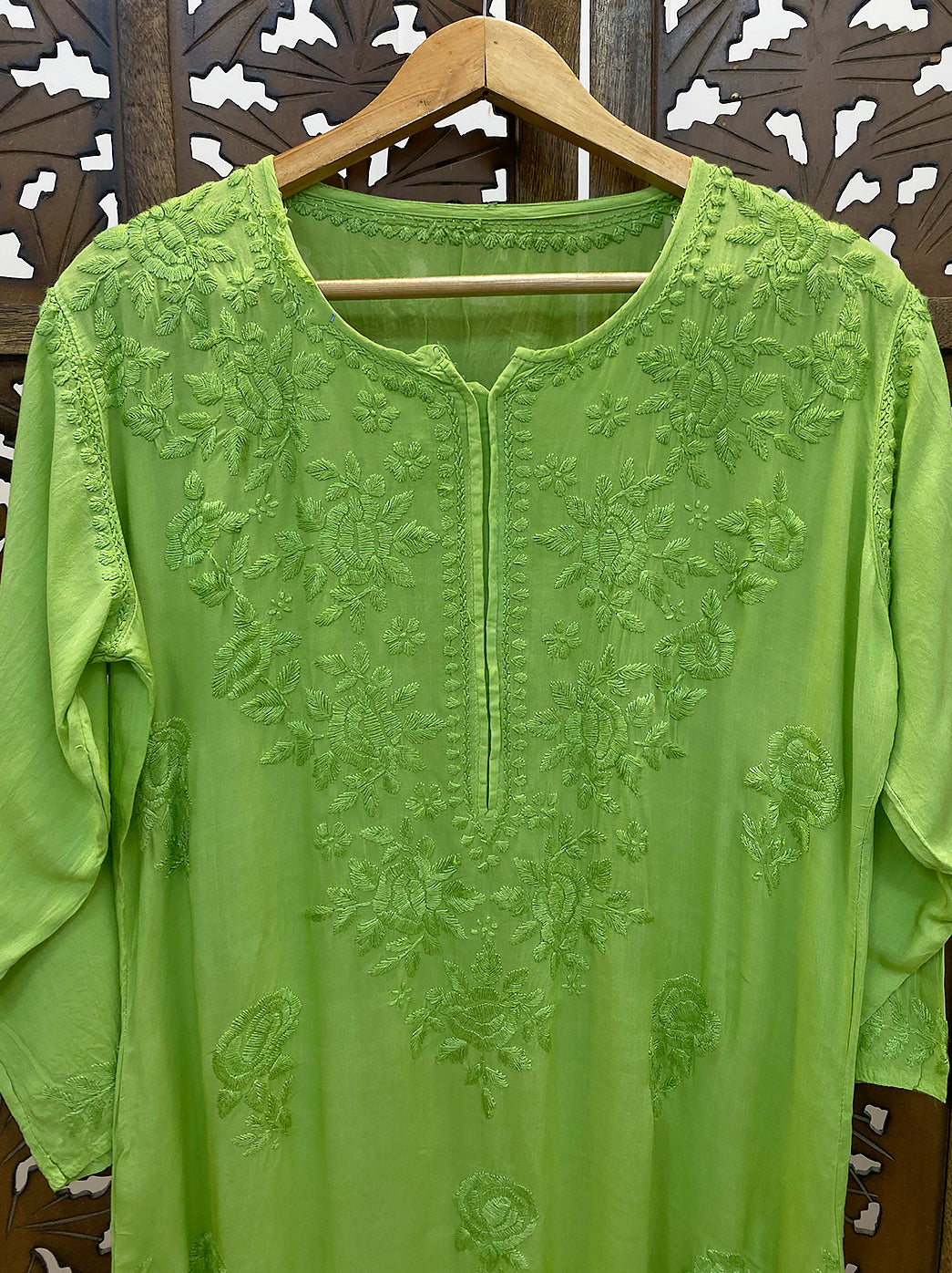 Pista Green Modal Chikankari Straight Kurti