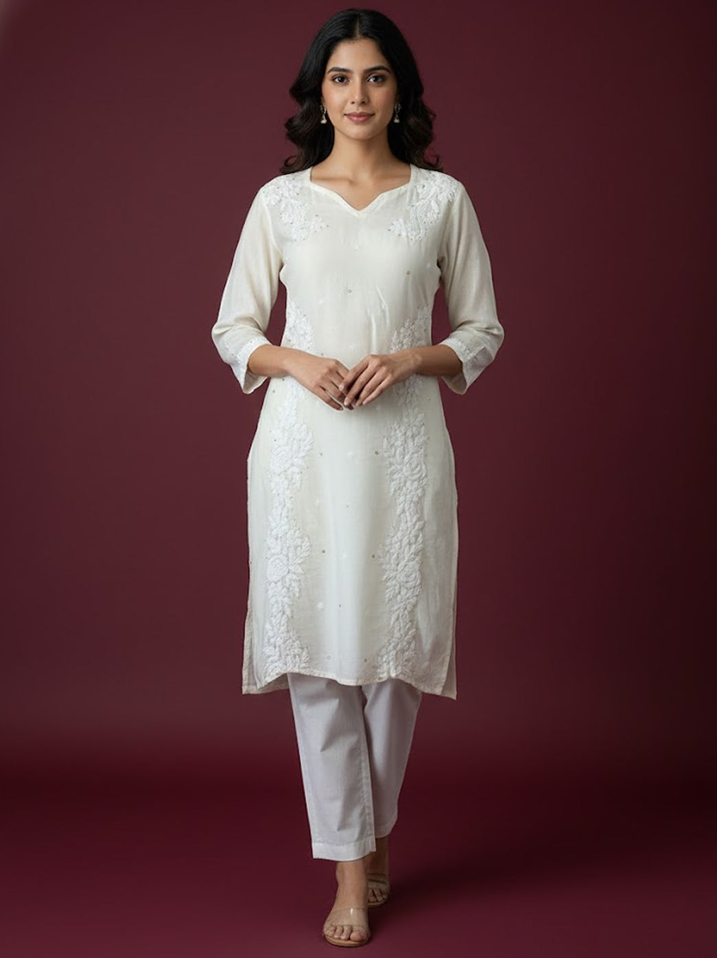 White Chanderi Chikankari Kurti