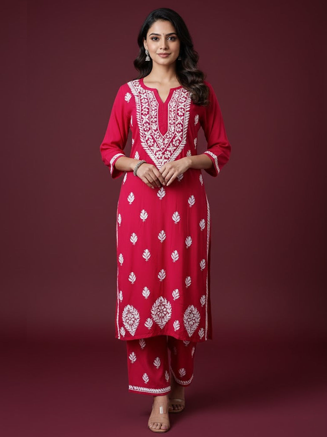 Red Rayon Chikankari Kurti Palazzo Set