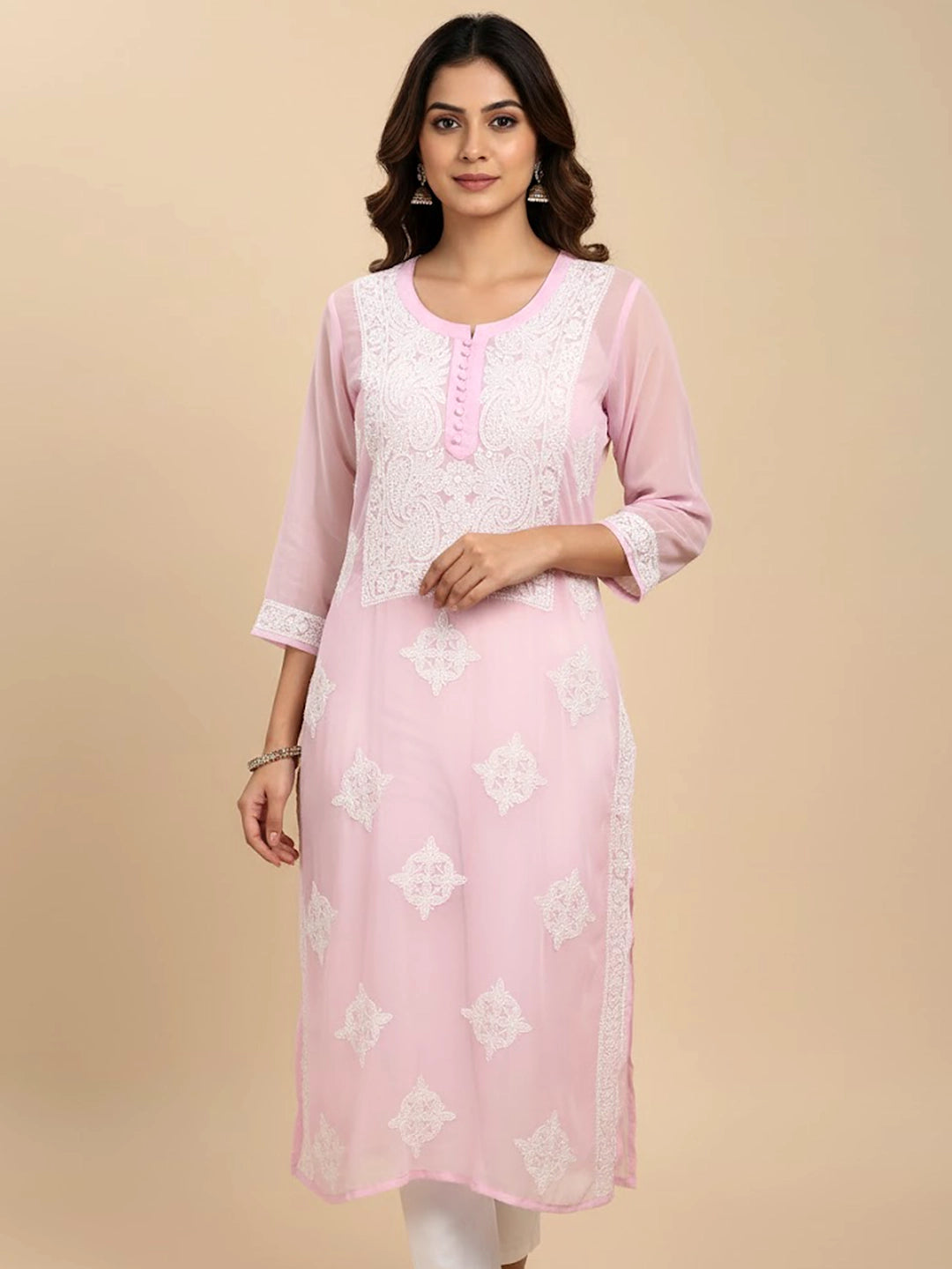 Pink Georgette Chikankari Straight Kurti