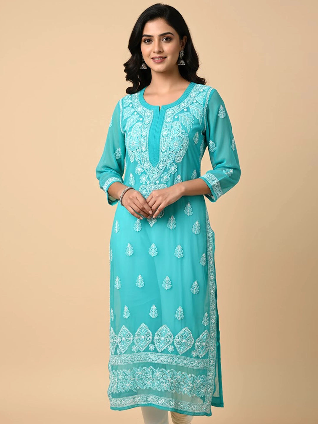 Sea Green Georgette Chikankari Straight Kurti