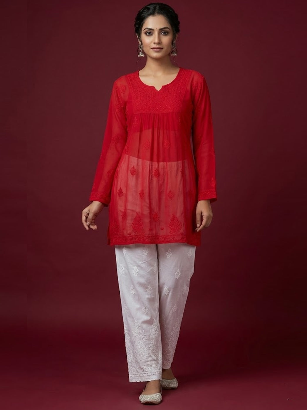Red Viscose Chikankari Short Kurti