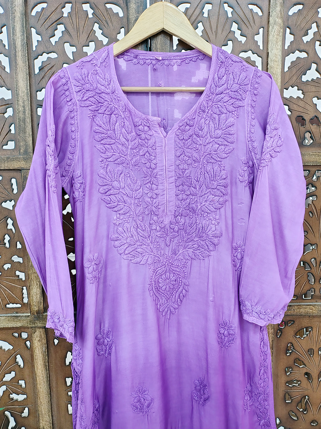 Lavender Muslin Chikankari Straight Kurti