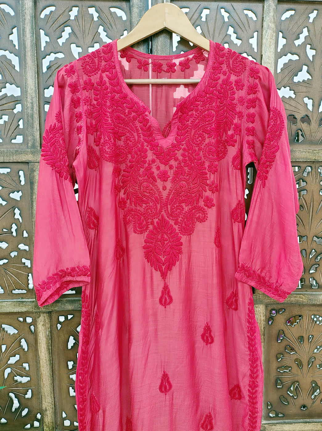 Red Muslin Chikankari Straight Kurti