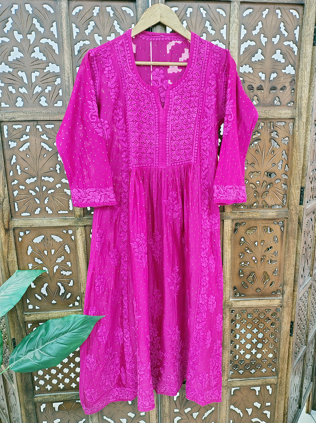 Rani Pink Chanderi Chikankari A-Line Kurti