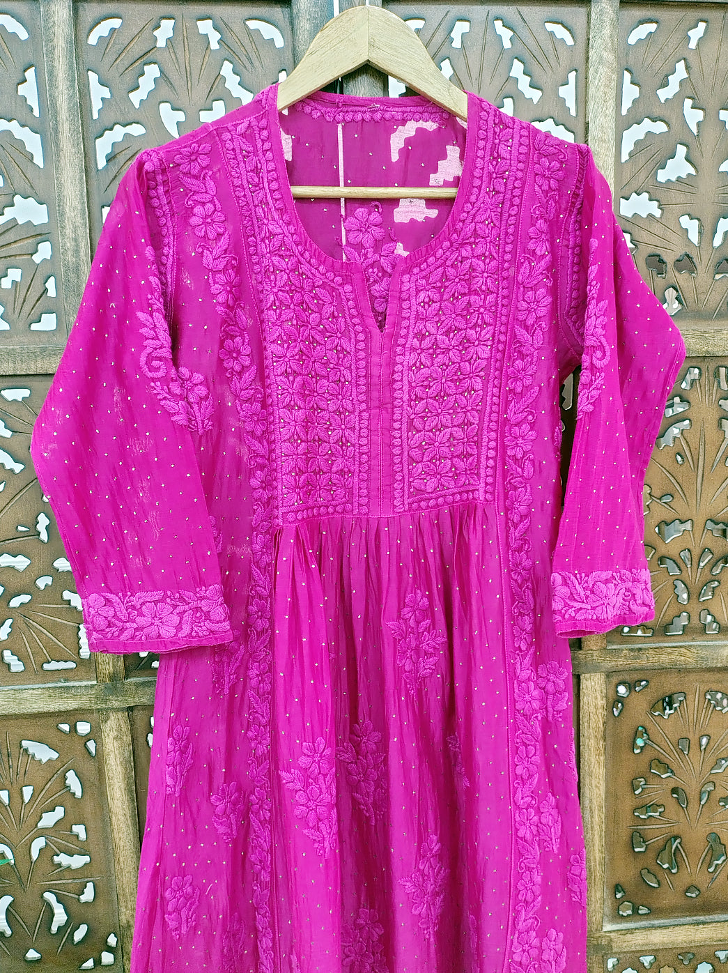 Rani Pink Chanderi Chikankari A-Line Kurti