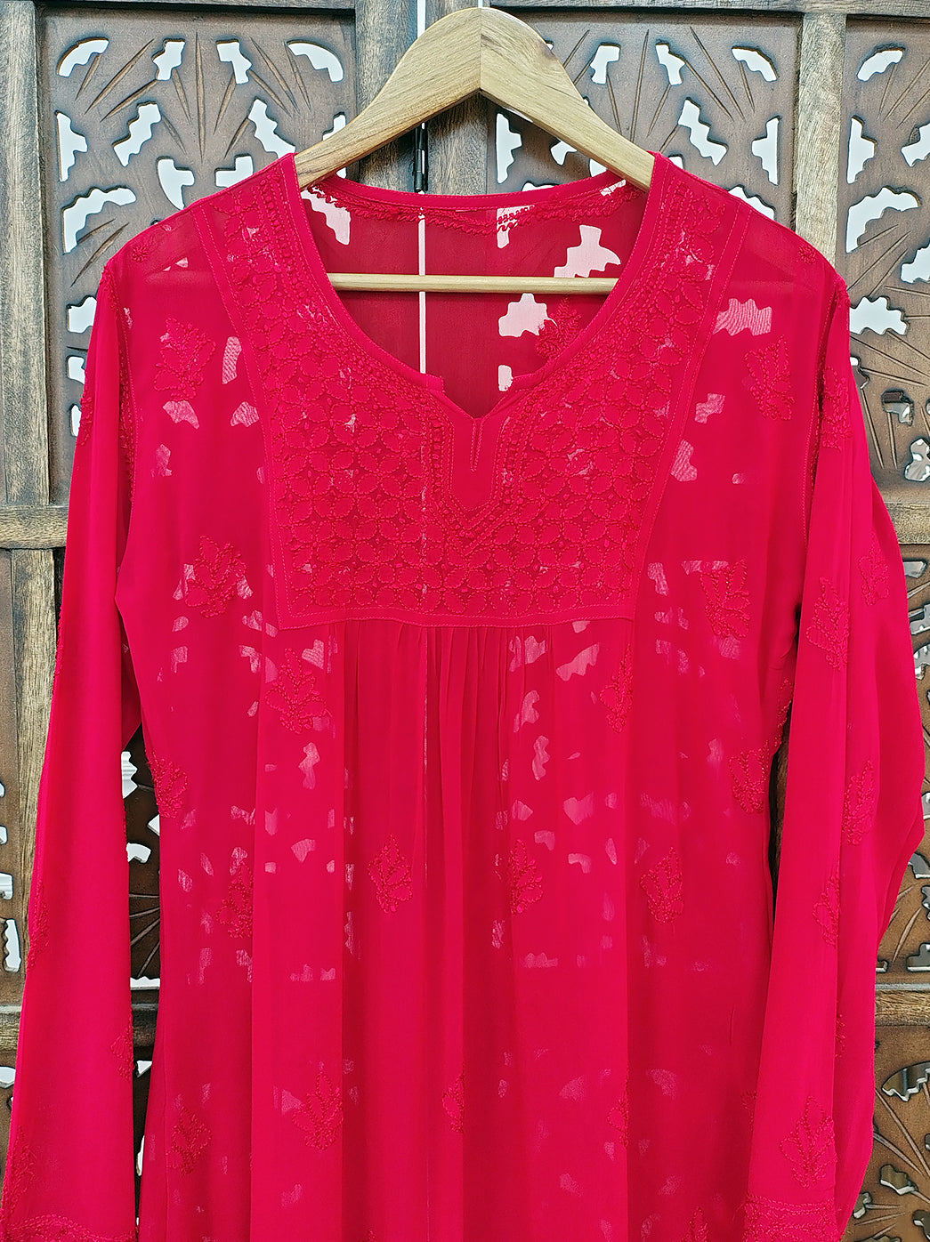 Red Viscose Chikankari Short Kurti
