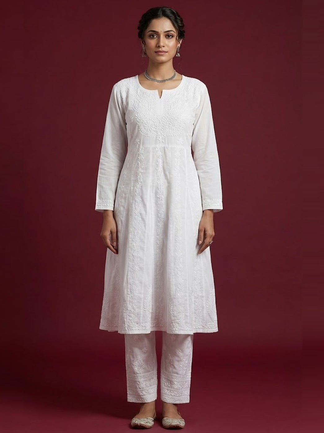 White Cotton Chikankari Anarkali Kurti
