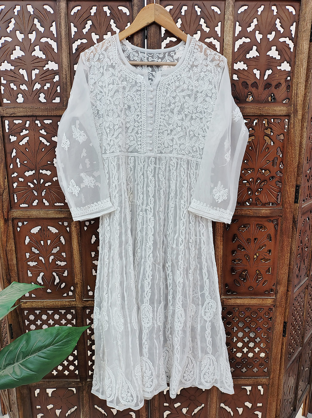 White Georgette Chikankari Anarkali Kurti