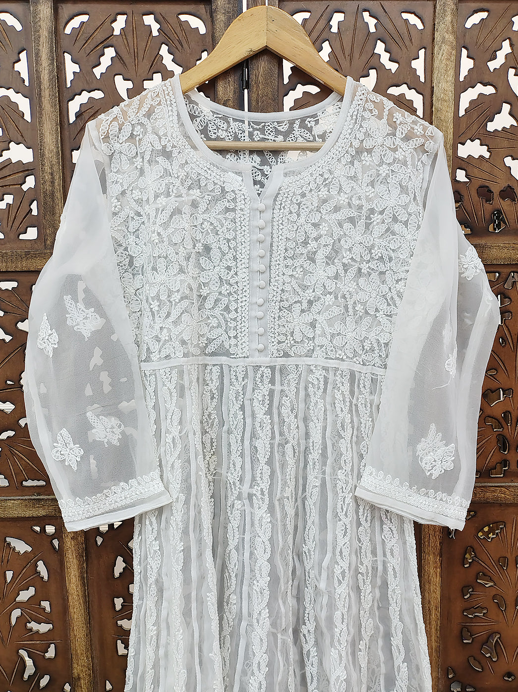 White Georgette Chikankari Anarkali Kurti
