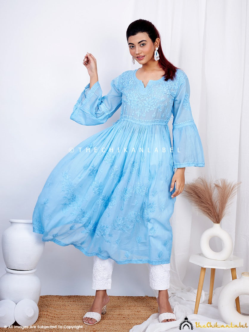Nisa Mulmul Chikankari A-Line Kurti -Blue