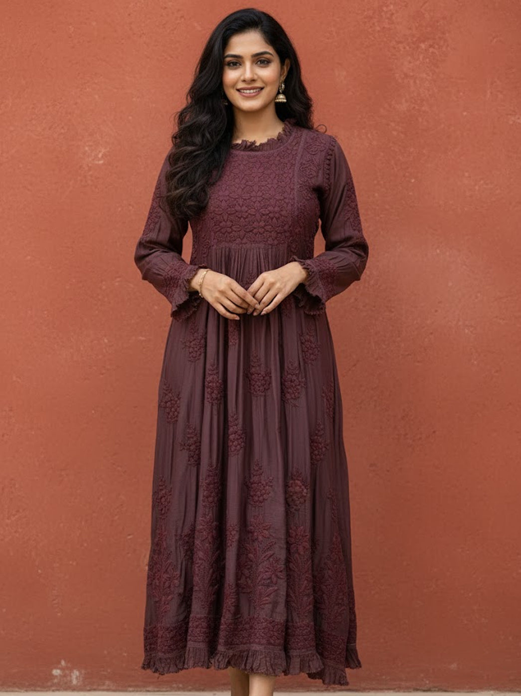 Choco Muslin Chikankari A-Line Kurti