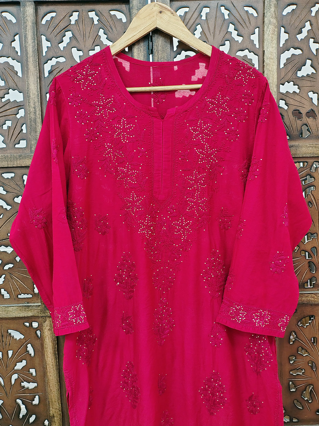 Red Chanderi Chikankari Straight Kurti