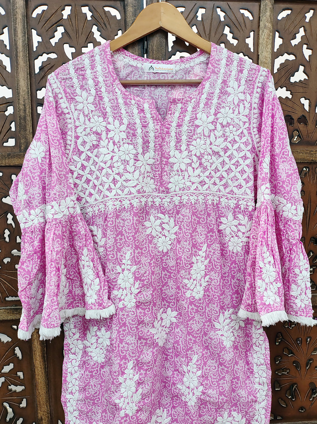 Pink Mulmul Printed Chikankari Short Kurti