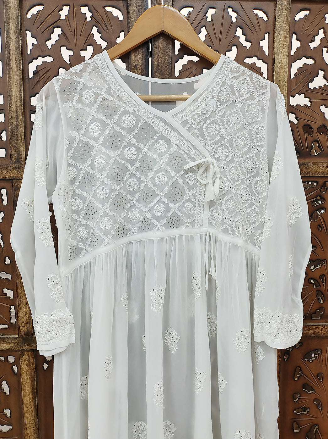 White Viscose Chikankari Short Angrakha