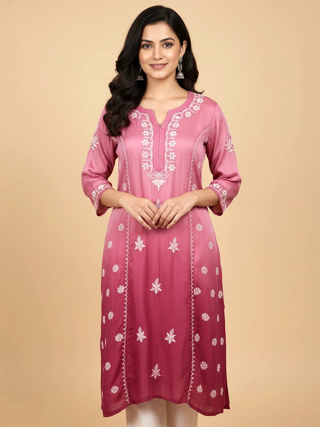 Bubblegum Satin Modal Chikankari A-Line Kurti