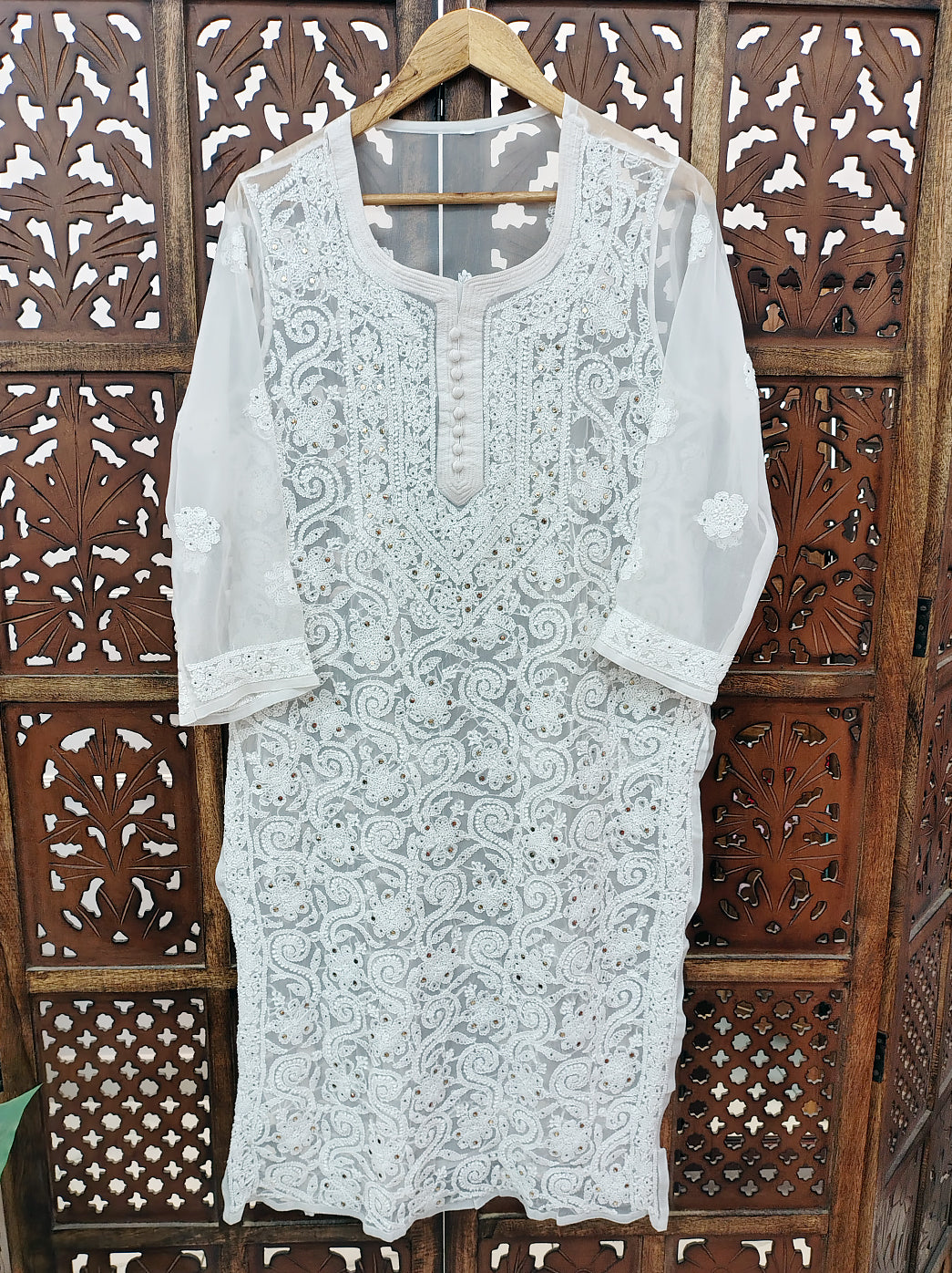 White Georgette Chikankari Straight Kurti