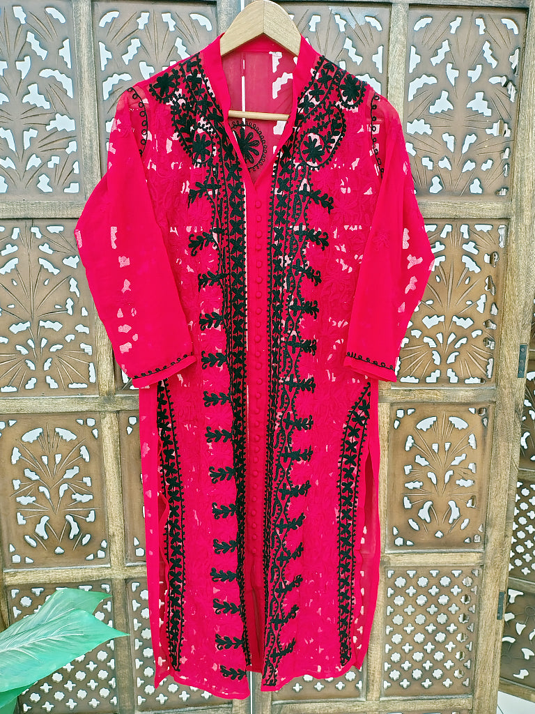 Red Georgette Chikankari Straight Kurti