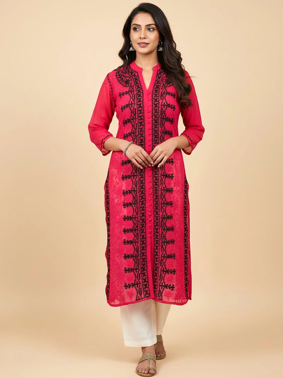 Red Georgette Chikankari Straight Kurti