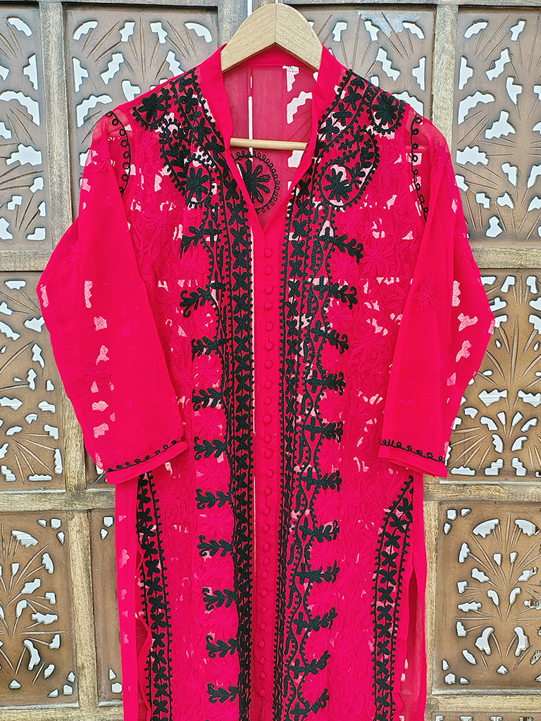 Red Georgette Chikankari Straight Kurti