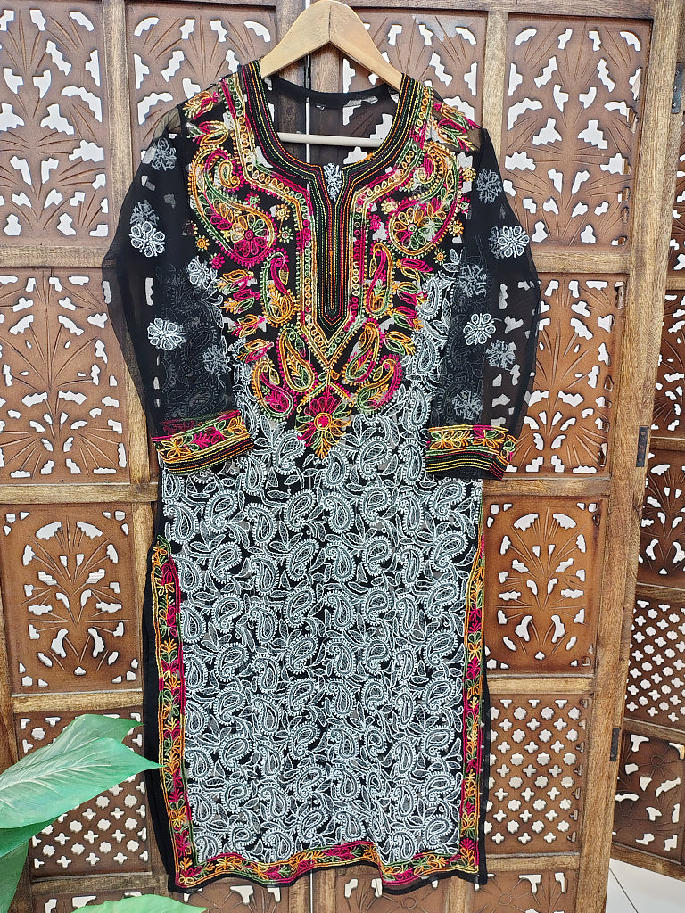 Black Multi Georgette Chikankari Straight Kurti